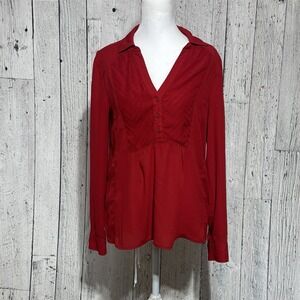 Maeve Anthropologie Top Womens 4 Red V-Neck Popover Semi Sheer Collared Womens